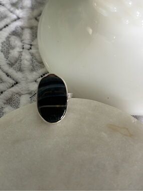 Sterling Silver Oval Black Striped Stone Ring - Women's Jewelry